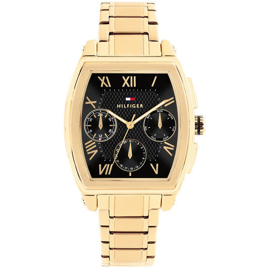 Tommy Hilfiger Herrenarmbanduhr mit goldfarbenem Metallband und schwarzem Zifferblatt