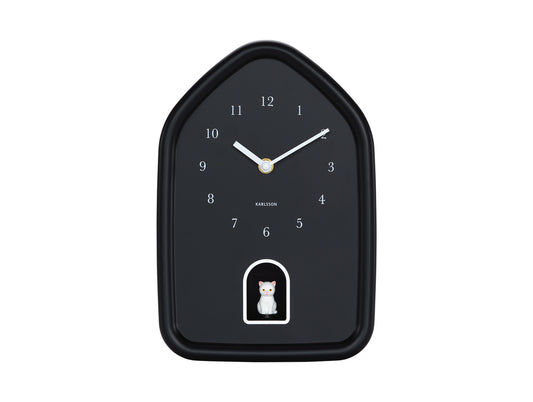 Schwarze Wanduhr mit Katzenmotiv und Zeitanzeige, Gehäuse in Tropfenform