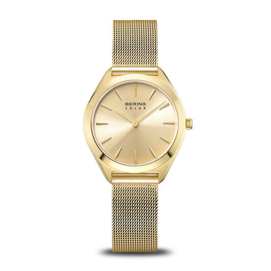 BERING Solar Damenuhr mit goldfarbenem Mesharmband und hellem Zifferblatt.