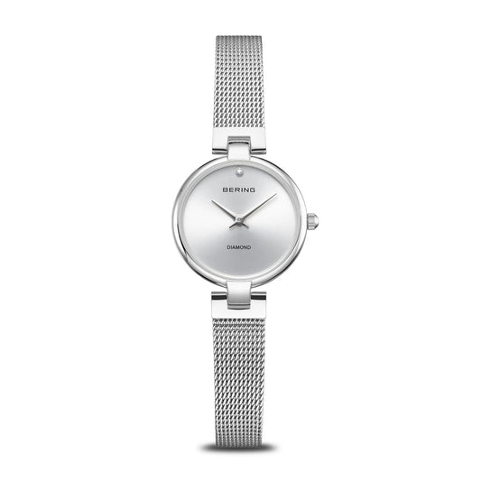 Bering Damenuhr mit silbernem Milanaise-Armband und rundem weißem Zifferblatt