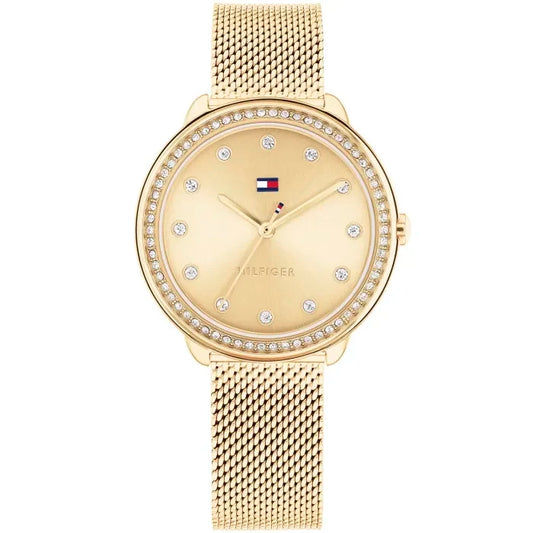 Tommy Hilfiger Damenarmbanduhr mit goldfarbenem Milanaiseband, runder Pavé-Lünette und beigem Zifferblatt