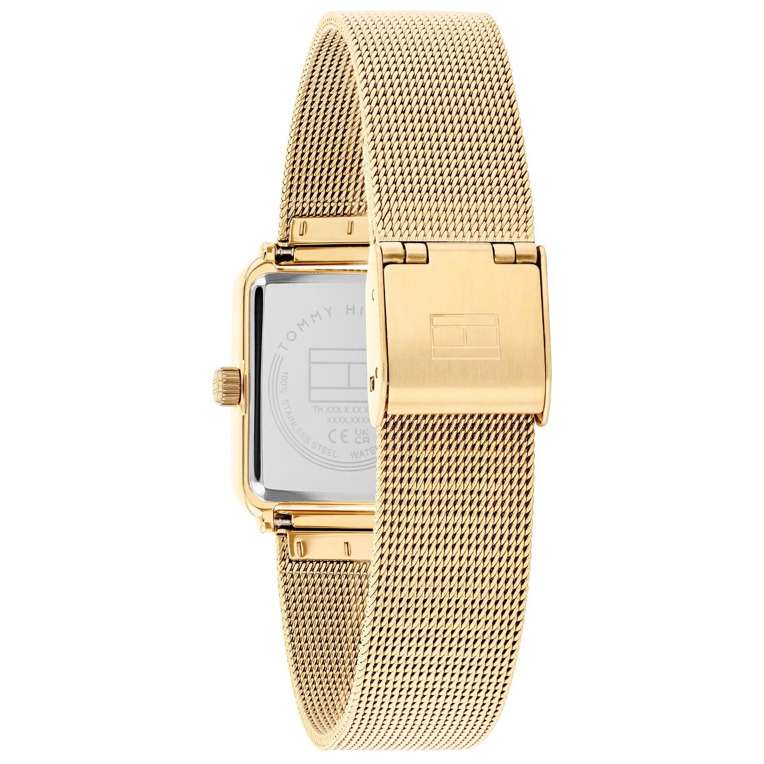 Damenuhr, Ansicht von hinten: goldfarbenes Edelstahlgehäuse und Maschenarmband