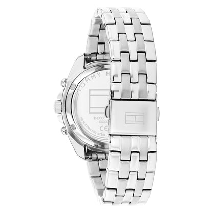 Zegarek Tommy Hilfiger, srebrna metalowa bransoleta, widok z boku z przyciskami