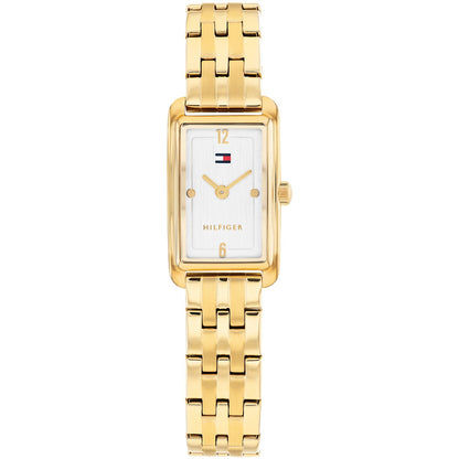 Tommy Hilfiger Damenuhr mit rechteckigem goldenem Gehäuse, weißem Zifferblatt und Metallarmband