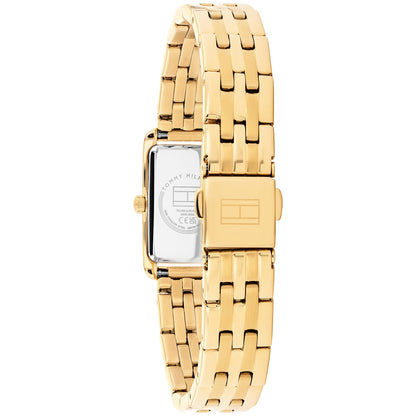 Tommy Hilfiger Damenuhr von hinten mit goldenem Metallarmband und Faltschließe