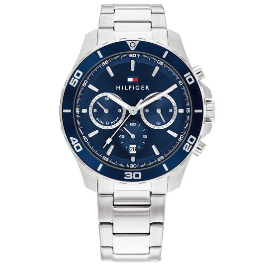 Herrenarmbanduhr mit blauem Zifferblatt, Edelstahlband und Multifunktions-Subdials.