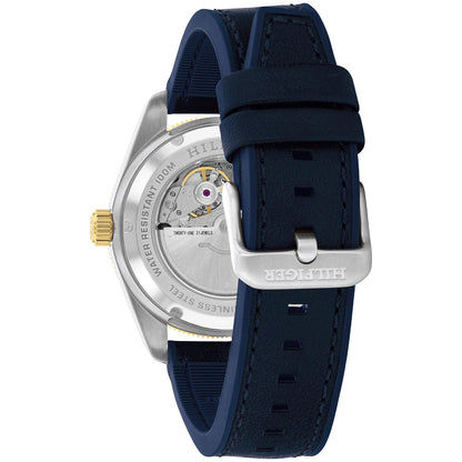 Zegarek męski Tommy Hilfiger z widokiem od spodu, niebieskim paskiem i widocznym mechanizmem