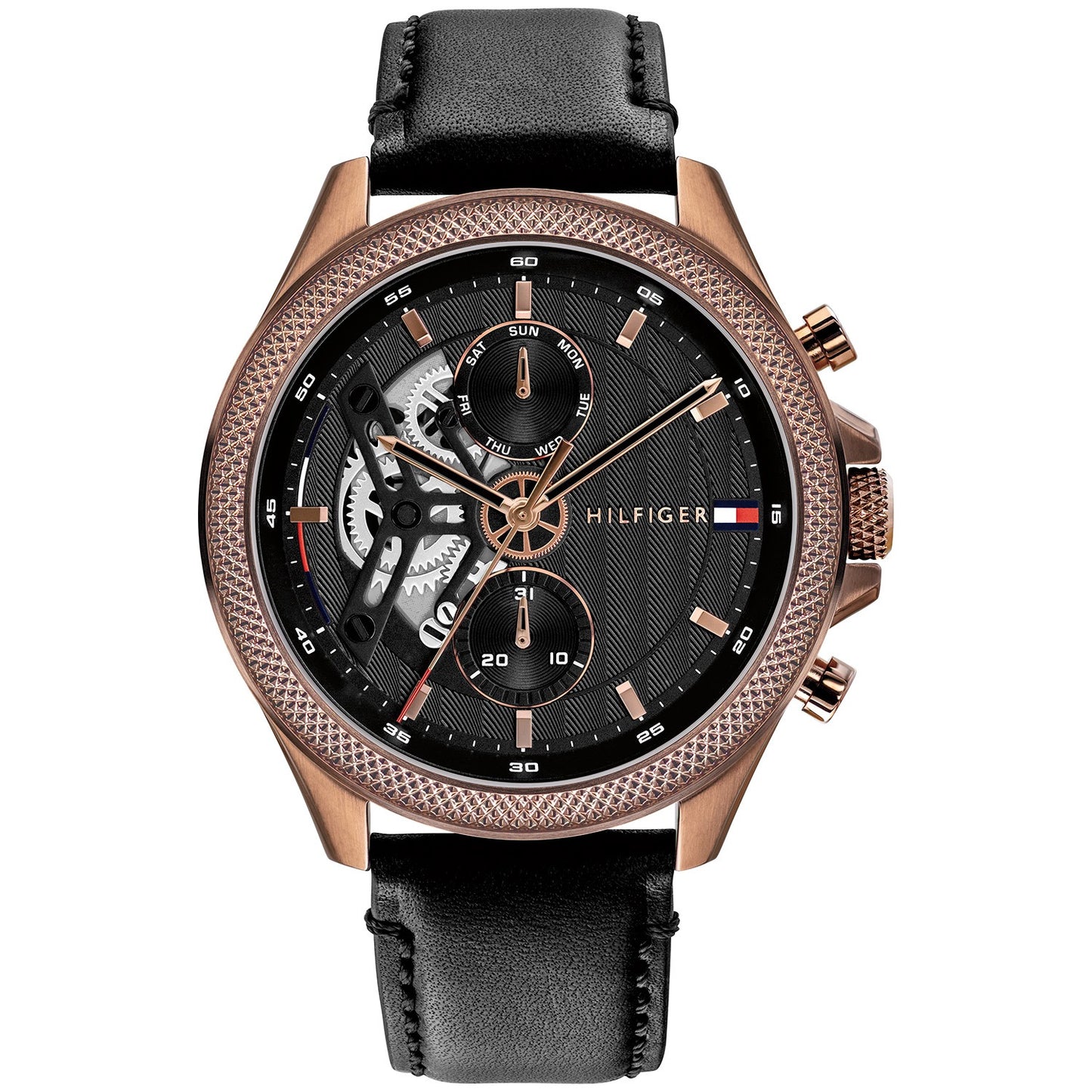Tommy Hilfiger Herrenarmbanduhr mit schwarzem Lederarmband und schwarzem Zifferblatt