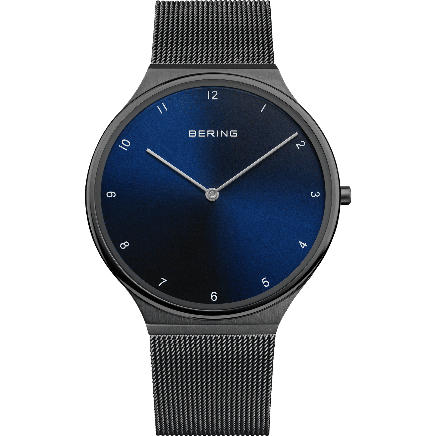 Bering Armbanduhr mit dunkelblauem Zifferblatt und dunkelgrauem Milanaise-Armband