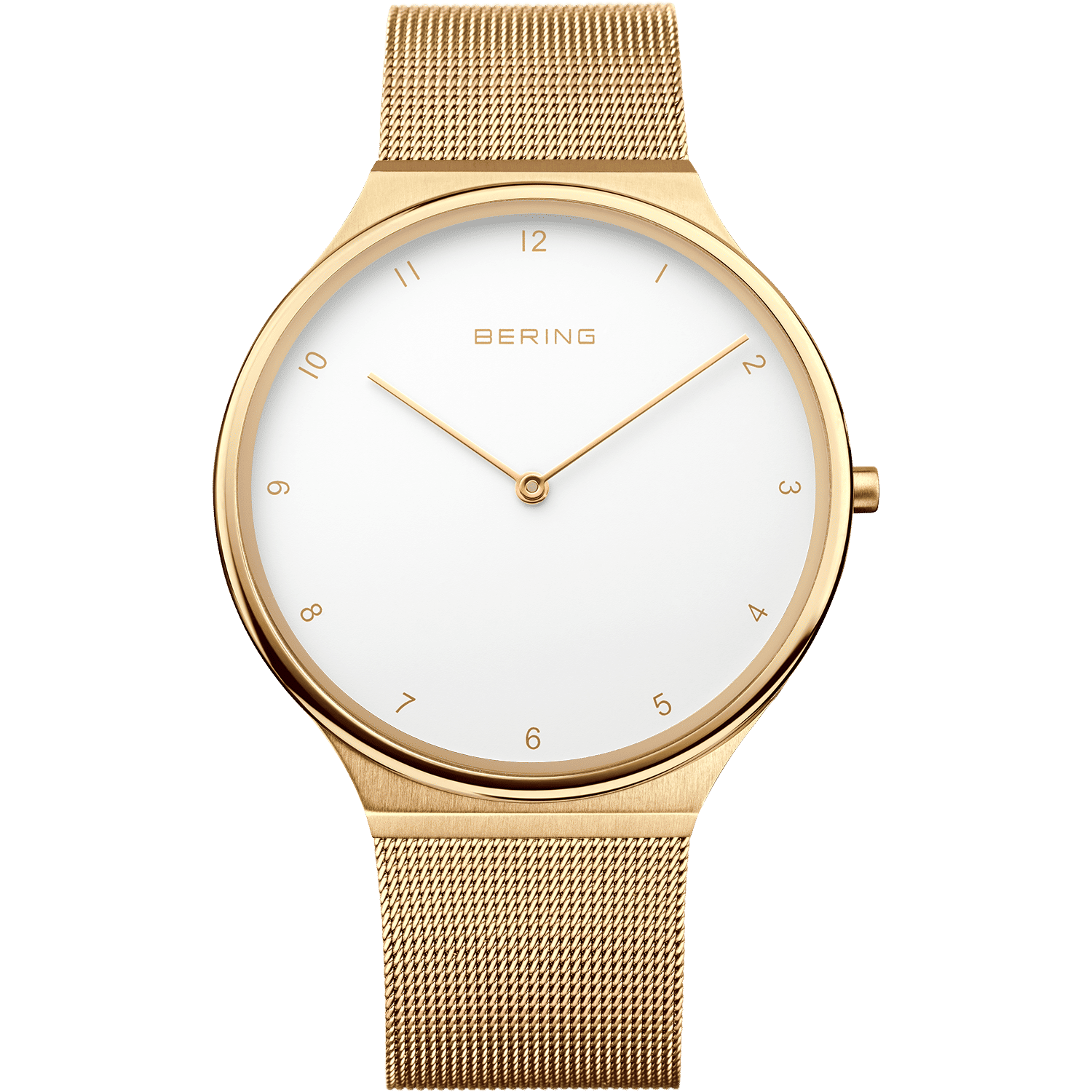 Bering Armbanduhr mit goldfarbenem Milanaise-Armband und weißem Zifferblatt