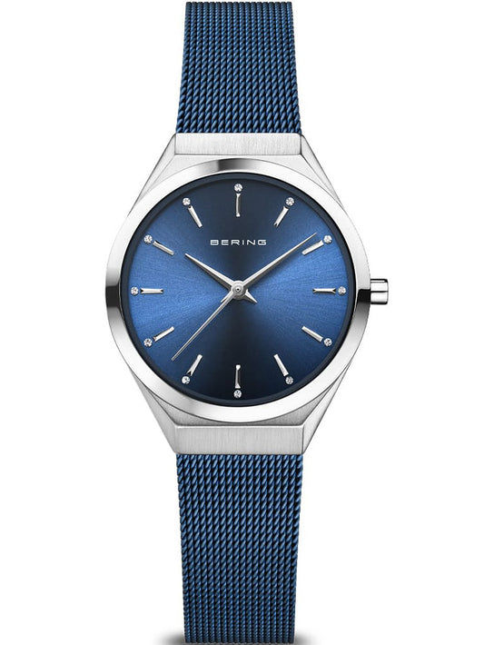 Damenarmbanduhr mit blauem Zifferblatt und silbernem Milanaise-Armband von Bering