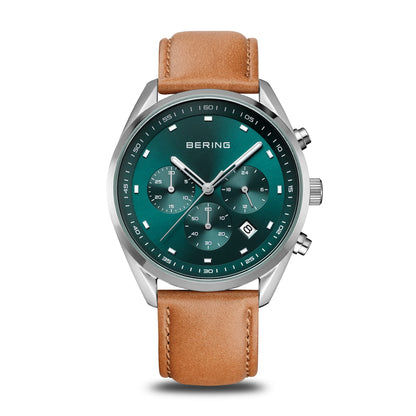 Bering 19240-508 Herrenuhr Chronograph Grün • Saphirglas • Braunes Kalbslederarmband