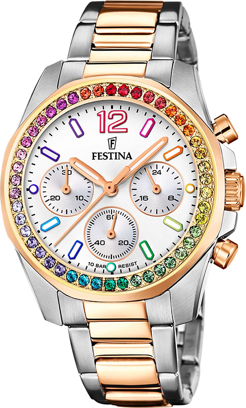 Festina Damenuhr mit zweifarbigen Edelstahlband, Regenbogen-Zirkonia-Lünette und Zifferblatt