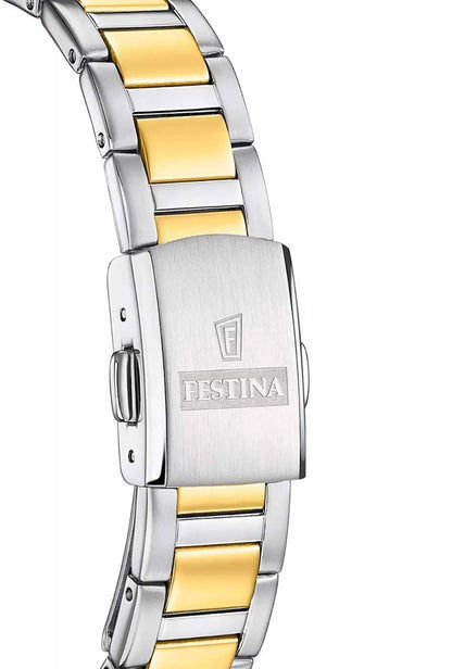 Festina Damenuhr: Edelstahlband mit goldfarbenen Gliedern, Schließe mit Logo