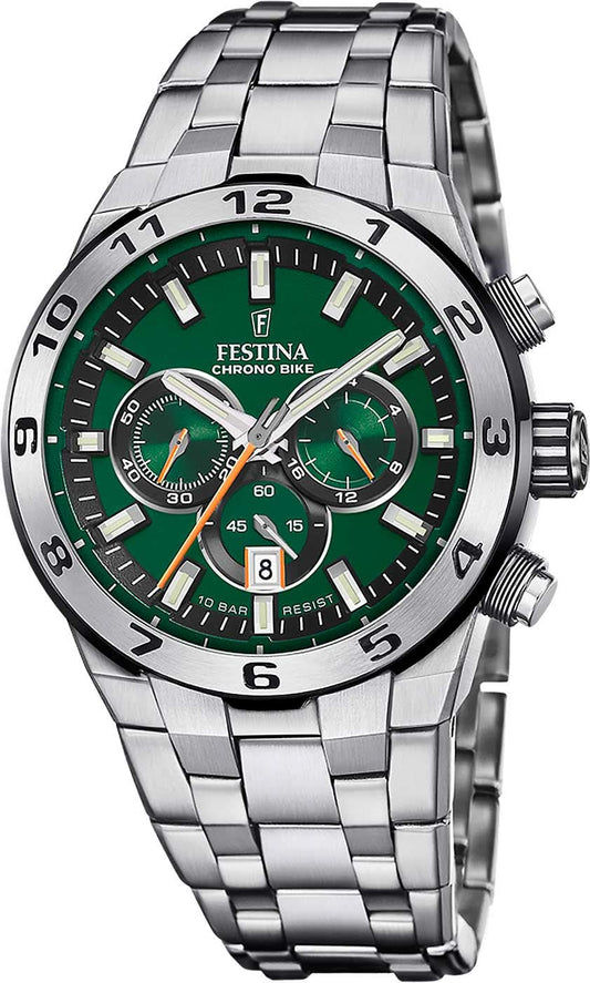Festina Chrono Bike F20670/2 Herrenuhr • Grünes Zifferblatt • Edelstahl