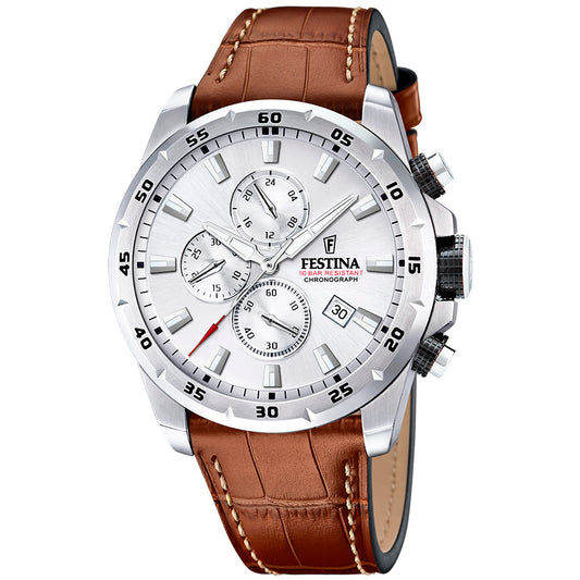 Zegarek męski Festina Chronograph z białą tarczą, brązowym skórzanym paskiem i przyciskami chronografu