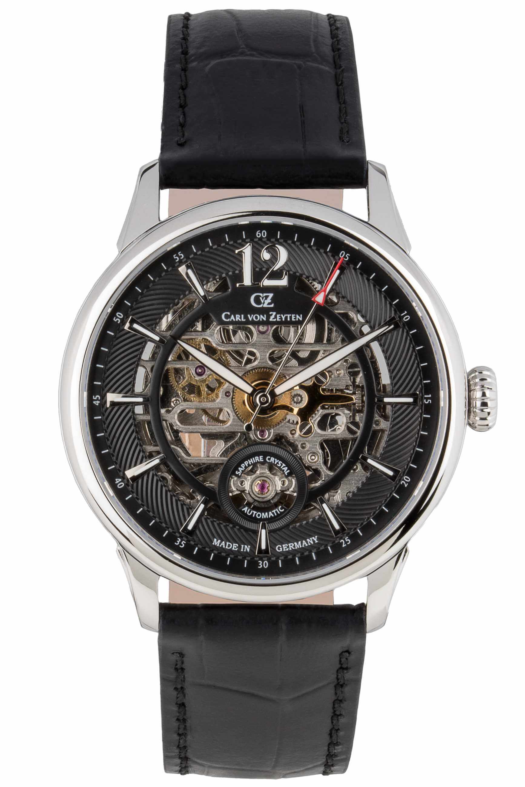 Carl von Zeyten Schramberg CVZ0080BKS Herrenuhr Schwarz-Silber • Automatik Skelettuhrwerk • 5 ATM wasserdicht