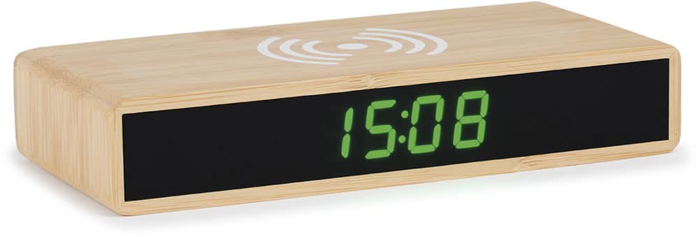 Moderner digitaler Wecker mit Holzoptik (Bambus) und grünem LED-Display, rechteckig.