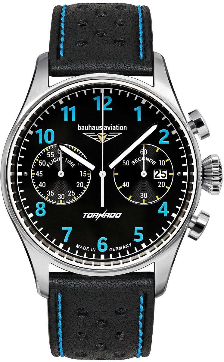 Herren-Fliegeruhr mit schwarzem Zifferblatt, blauen Markierungen und Lederarmband