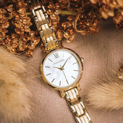 Holzkern Hanwi Damen Armbanduhr • Perlmutt-Zifferblatt • Edelstahl Gold, Bild 6