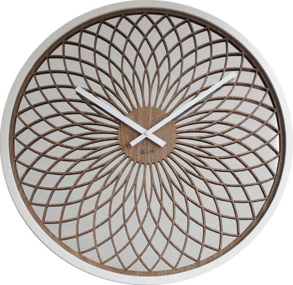 Hermle Wanduhr mit rundem Holz-Gitternetz, radialen Linien, Zeigern und hellem Rand