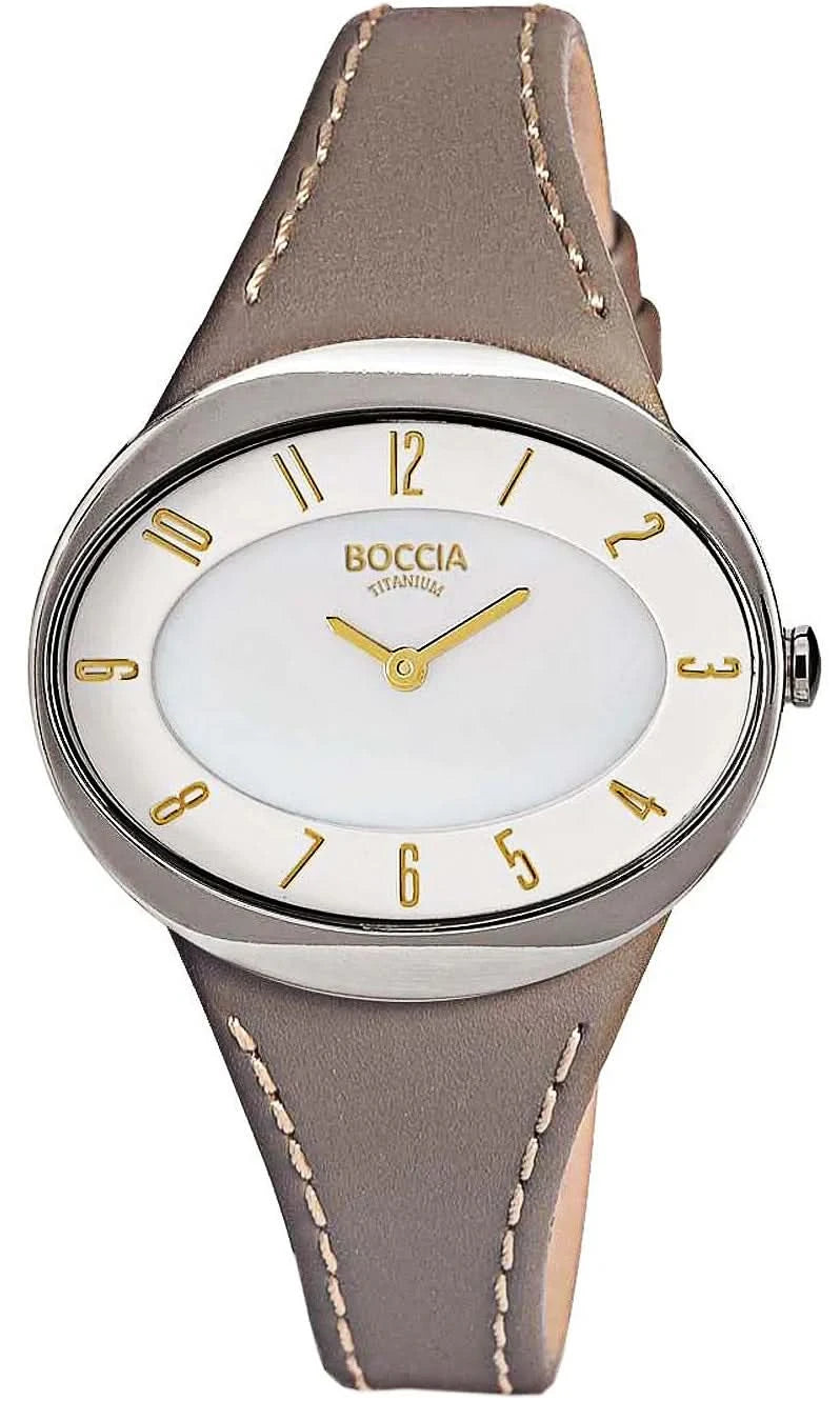 Damenuhr mit braunem Lederarmband und rundem weißen Zifferblatt von Boccia