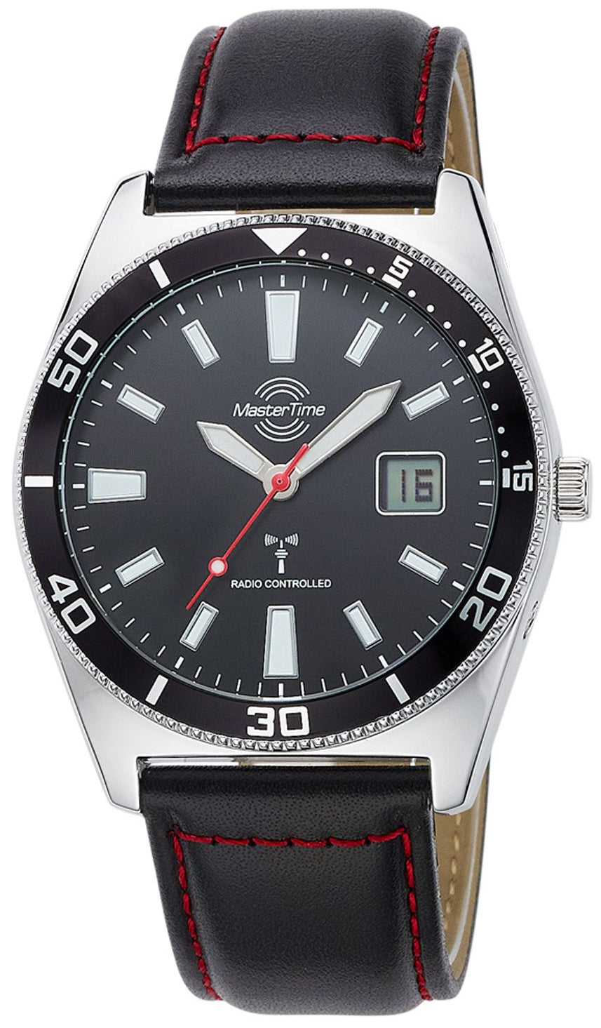 Master Time Herrenuhr mit schwarzem Lederarmband, silbernem Gehäuse, schwarzem Zifferblatt und Datum