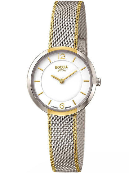 Boccia Titanium 3266-06 Damen Armbanduhr Weiß • Saphirglas • Bicolor Mesh-Armband
