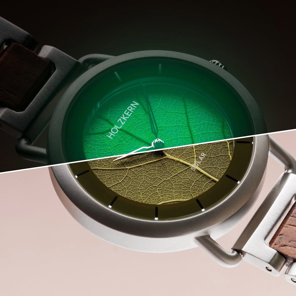 Holzkern Lauri Herren Armbanduhr Blattgrün • Holz-Edelstahl-Armband • Solarquarz, Bild 4