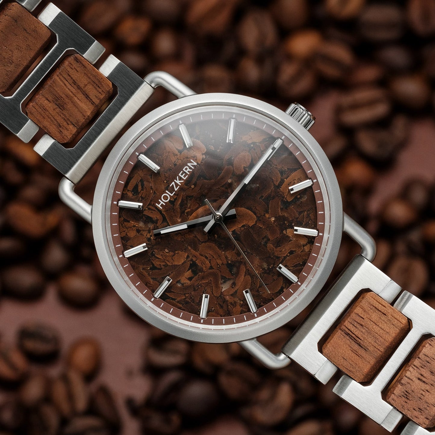 Holzkern Espressino Unisex-Armbanduhr Braun • Echtes Walnussholz • Kaffeebohnen-Zifferblatt, Bild 3