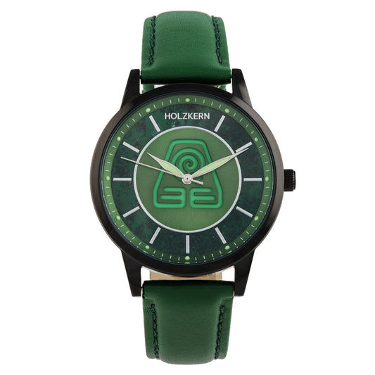 Unisex-Armbanduhr mit grünem Lederarmband und grünem Zifferblatt, Avatar-Logo