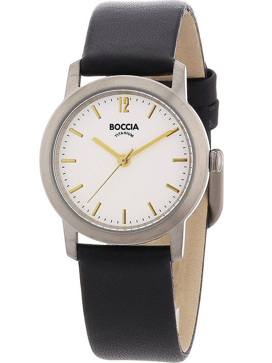 Boccia Damen-Armbanduhr mit silbernem Gehäuse, schwarzem Lederarmband und weißem Zifferblatt