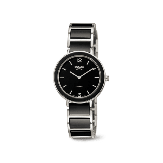 Boccia Damenarmbanduhr mit schwarzem Zifferblatt, Keramikgehäuse und Metallband