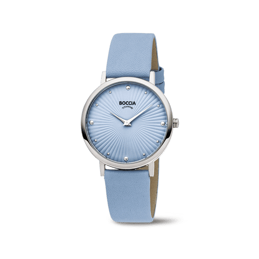 Boccia Damenarmbanduhr mit hellblauem Lederband, rundem blauem Zifferblatt