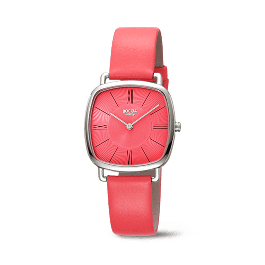 Damenarmbanduhr Boccia mit rotem Lederband und silbernem Gehäuse, rundes Zifferblatt