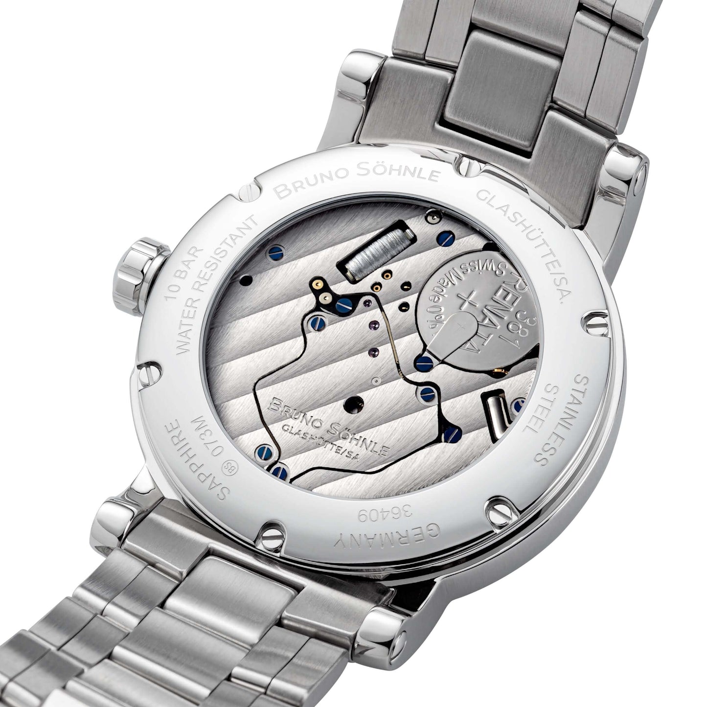 Uhrwerk-Ansicht: silbernes Gehäuse mit Metallarmband, sichtbare Mechanik