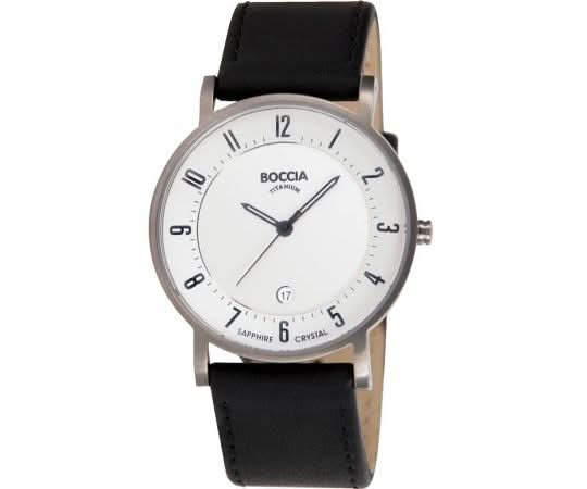 Boccia-Herrenuhr mit schwarzem Lederarmband, weißem Zifferblatt und Saphirglas