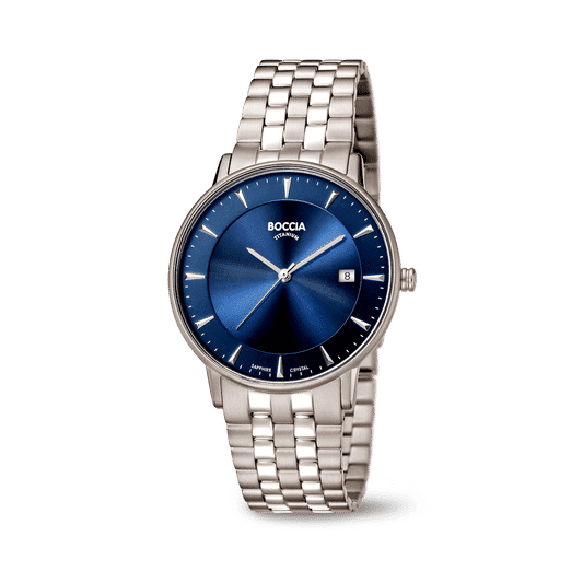 Boccia Herrenarmbanduhr mit blauem Zifferblatt, Datumsfenster und Metallarmband
