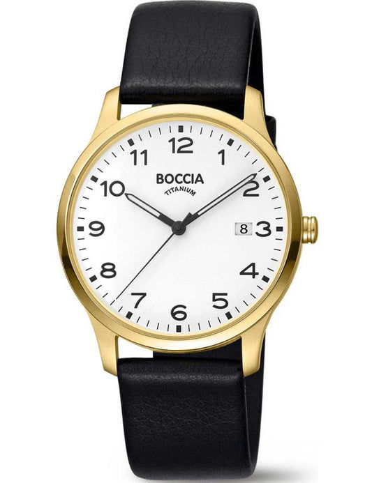 Boccia Herrenarmbanduhr: goldenes Titangehäuse, weißes Zifferblatt, schwarzes Lederband