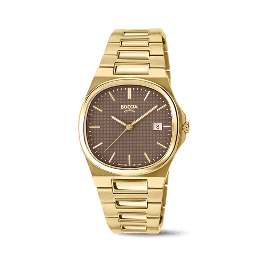 Boccia Herren-Armbanduhr: Saphirglas, goldenes Titanarmband, braunes Zifferblatt