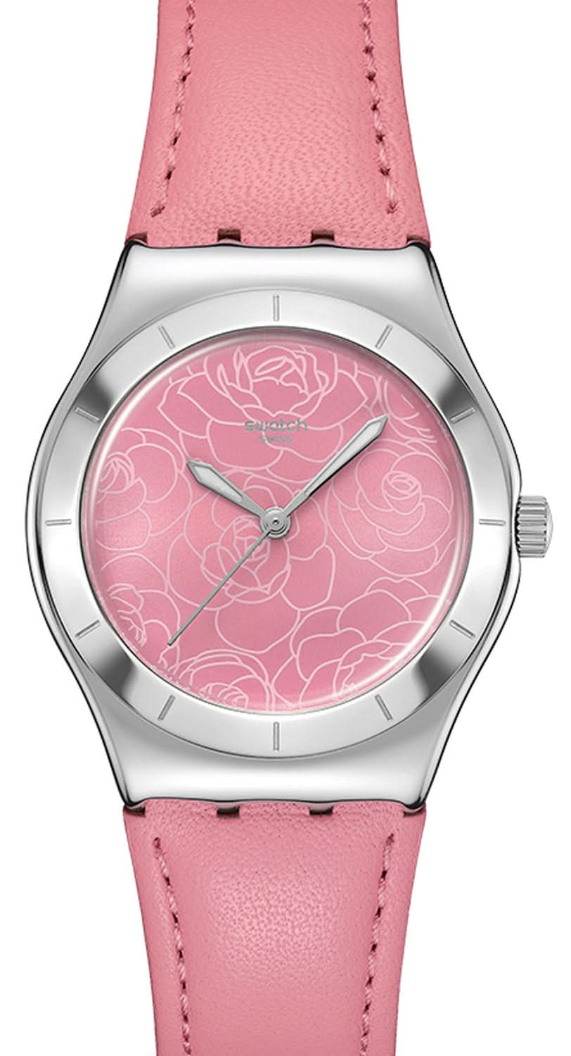 Swatch Damenuhr mit silbernem Gehäuse, rosa Lederband und pinkem Blumen-Zifferblatt.