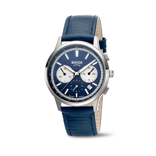Herrenarmbanduhr mit blauem Lederarmband, rundem Zifferblatt und Chronographen-Zählern