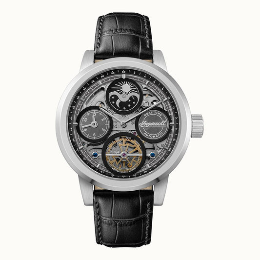 Herren-Armbanduhr Ingersoll mit schwarzem Lederarmband und Skelettzifferblatt