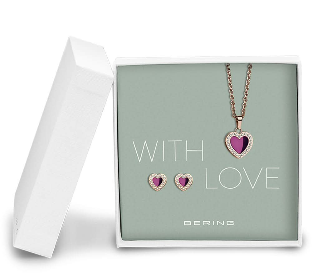 BERING Schmuckset: Halskette mit Herz-Anhänger, violettes Herz, plus Herzohrringe