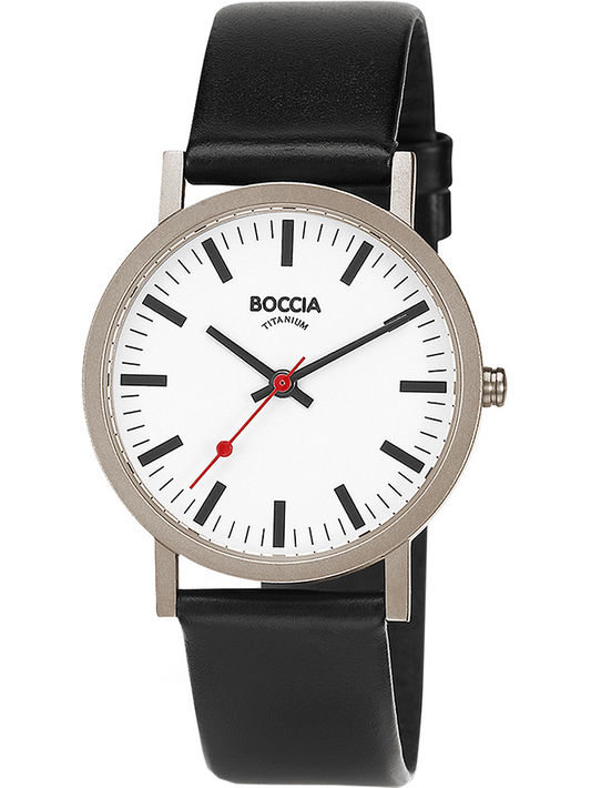 Herrenarmbanduhr BOCCIA mit silbernem Gehäuse, weißem Zifferblatt und schwarzem Lederband