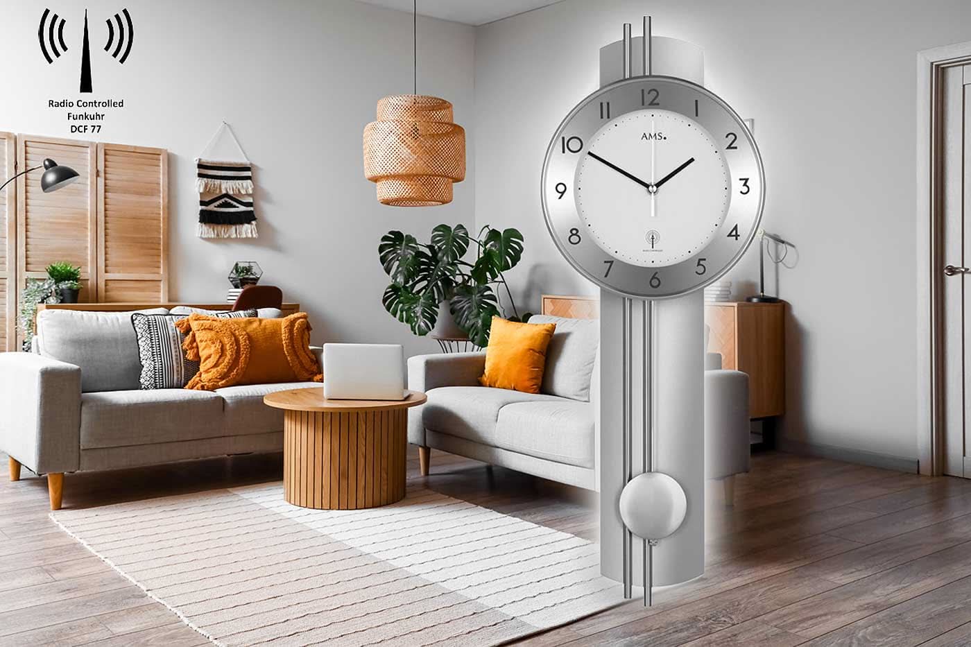 AMS Wanduhr 62x22x8 cm Holz • Funkpendelwerk • Modernes Design
