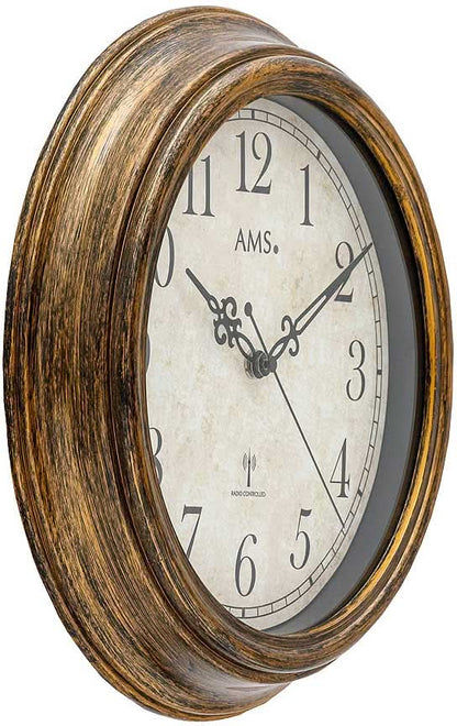 AMS Wanduhr 30 cm Ø Kunststoff • Funkgesteuerte Präzision • Antiker Holz-Look