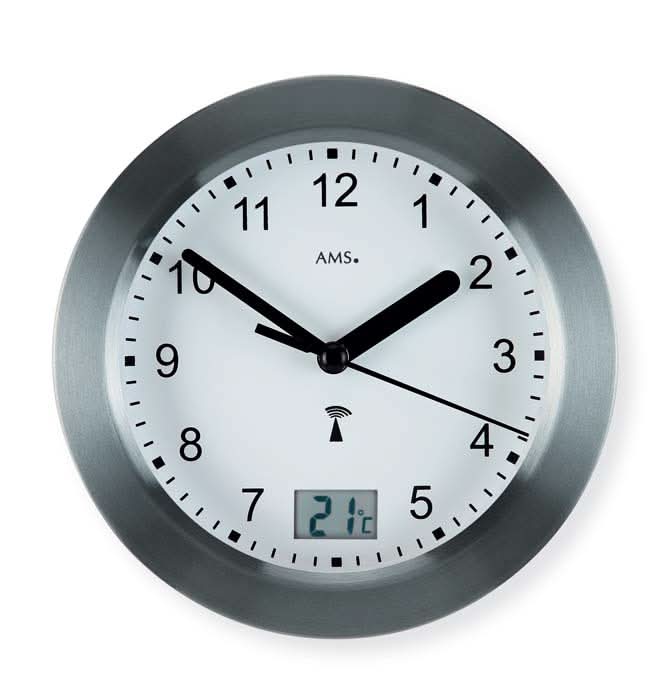 AMS Wanduhr 17 cm Ø Aluminium • Funkgesteuert • Wasserdicht & mit Temperatur