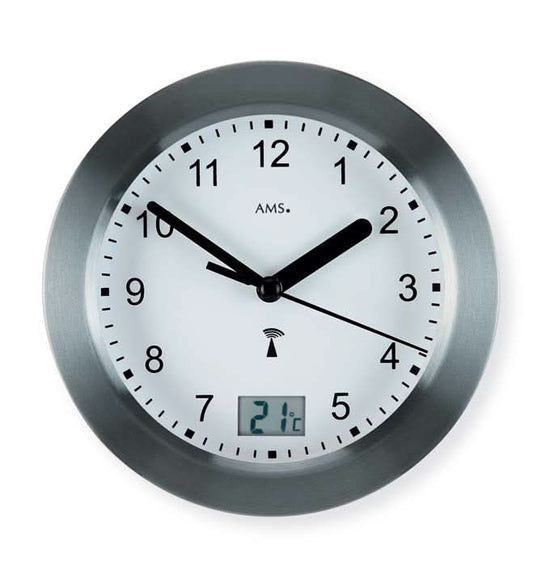 AMS Wanduhr 17 cm Ø Aluminium • Funkgesteuert • Wasserdicht & mit Temperatur