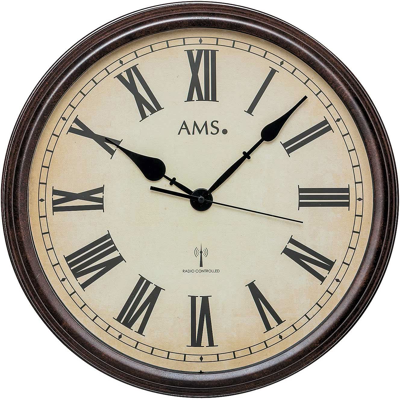 AMS Wanduhr 42x42x8 cm Metall • Geräuschloses Funkwerk • Römische Ziffern
